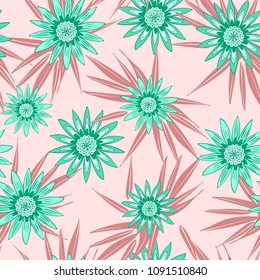 Seamless Flower Pattern with Leaves. Beautiful Stylized Gerbera or Daisy. Vector Flowers in Vintage Style. African Camomile. Seamless Blue Flowers for Fashion Printing, Cloth, Textile, Fabric, Paper.