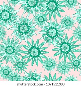 Seamless Flower Pattern with Leaves. Beautiful Stylized Gerbera or Daisy. Vector Flowers in Vintage Style. African Camomile. Seamless Blue Flowers for Fashion Printing, Cloth, Textile, Fabric, Paper.