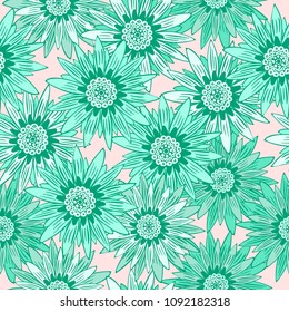 Seamless Flower Pattern with Leaves. Beautiful Stylized Gerbera or Daisy. Vector Flowers in Vintage Style. African Camomile. Seamless Blue Flowers for Fashion Printing, Cloth, Textile, Fabric, Paper.