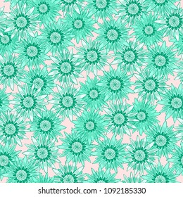 Seamless Flower Pattern with Leaves. Beautiful Stylized Gerbera or Daisy. Vector Flowers in Vintage Style. African Camomile. Seamless Blue Flowers for Fashion Printing, Cloth, Textile, Fabric, Paper.