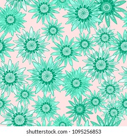Seamless Flower Pattern with Leaves. Beautiful Stylized Gerbera or Daisy. Vector Flowers in Vintage Style. African Camomile. Seamless Blue Flowers for Fashion Printing, Cloth, Textile, Fabric, Paper.