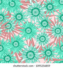 Seamless Flower Pattern with Leaves. Beautiful Stylized Gerbera or Daisy. Vector Flowers in Vintage Style. African Camomile. Seamless Blue Flowers for Fashion Printing, Cloth, Textile, Fabric, Paper.
