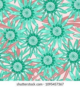 Seamless Flower Pattern with Leaves. Beautiful Stylized Gerbera or Daisy. Vector Flowers in Vintage Style. African Camomile. Seamless Blue Flowers for Fashion Printing, Cloth, Textile, Fabric, Paper.