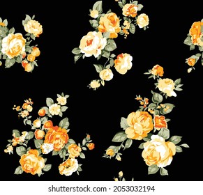 seamless flower pattern and leaves pattern on black background