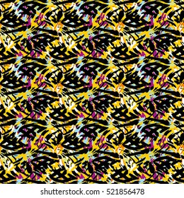 Seamless flower pattern with lilac, black, blue and white elements on yellow background