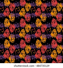 Seamless flower pattern with lilac, orange and pink elements on black background
