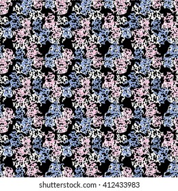 Seamless flower pattern with lilac, pink and white elements on black background