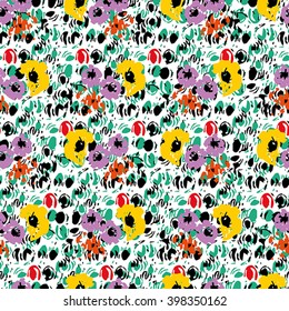 Seamless flower pattern with lilac, yellow, orange and green elements on white background