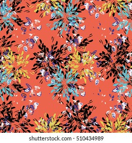 Seamless flower pattern with lilac, yellow, blue and black elements on orange background
