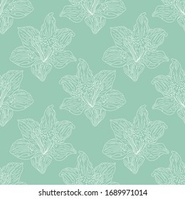 Nahtlose Blumenmuster von Lily Blumen auf Vektorillustration, grüner Modehintergrund, Textilien, Tapete