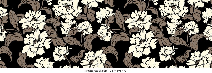 Seamless flower pattern. Line floral pattern. Textile print pattern