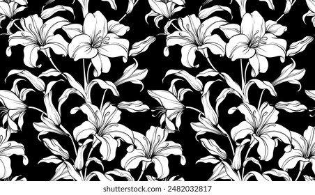 Seamless flower pattern. Line floral pattern. Textile print pattern. Black and white pattern