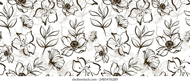 Seamless flower pattern. Line floral pattern. Textile print pattern