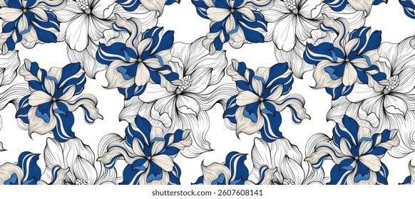 Seamless flower pattern. Line floral pattern. Textile print pattern