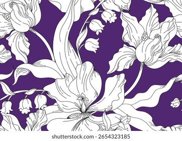 Seamless flower pattern. Line floral pattern. Textile print pattern
