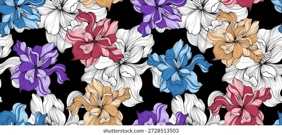 Seamless flower pattern. Line floral pattern. Textile print pattern