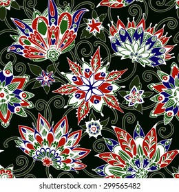 Seamless flower pattern. Lovely hand-drawn summer flowers collected from the stems and petals. Insects, moths, butterflies, beetles sit on the stems between the flowers. Fairytale colors.
