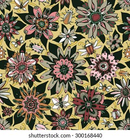 Seamless flower pattern. Lovely hand-drawn summer flowers collected from the stems and petals. Insects, moths, butterflies, beetles sit on the stems between the flowers. Fairytale neutral colors.