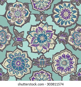 Seamless flower pattern. Lovely hand-drawn summer flowers. Moths and butterflies between flower. Vintage neutral cold colors.