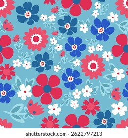 Seamless flower pattern on blue background