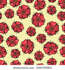 Seamless flower pattern on calm light yellow background, flowerheads, roses petals. Elegant seamless botanical pattern made of spring flowers in vintage style.