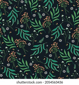 Seamless flower pattern on a dark background. Green leaves, grass and red berries. For printing on fabric and paper