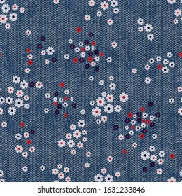 Seamless Flower  Pattern On Denim Textures Background