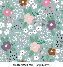 Seamless flower pattern on green background 