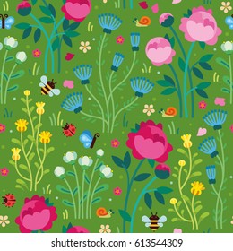 Seamless flower pattern on a green background