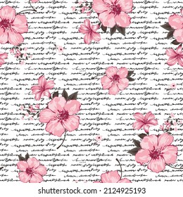 seamless flower pattern on handwriting text background