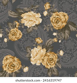 seamless flower pattern on paisley grey background