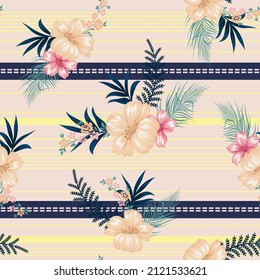 Seamless flower pattern on stripes background