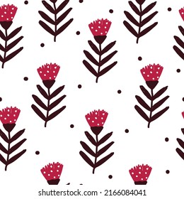 Patrón de flores sin foco sobre fondo blanco.flor dibujada a mano con flor roja, hojas y puntos para el papel pintado y la impresión.