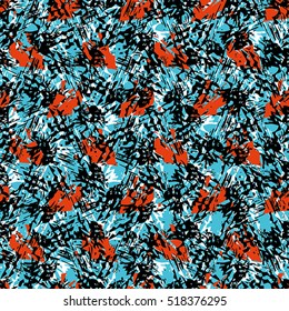 Seamless flower pattern with orange, black and white elements on blue background