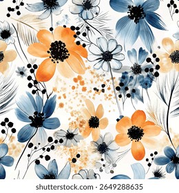 Seamless flower pattern with orange, blue and black colored watercolor textured hand drawn art abstract floral and leaf background elements. Botanical flower garden design vector