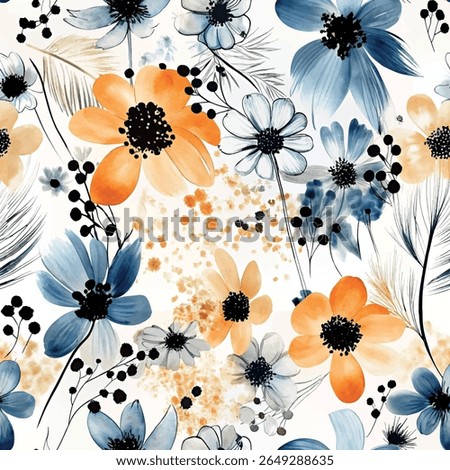 Seamless flower pattern with orange, blue and black colored watercolor textured hand drawn art abstract floral and leaf background elements. Botanical flower garden design vector