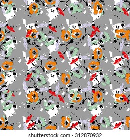 Seamless flower pattern with orange, green and white elements on grey background