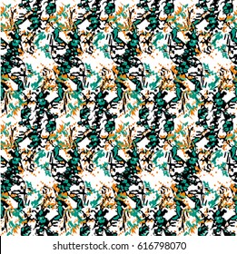 Seamless flower pattern with orange, green and black elements on white background
