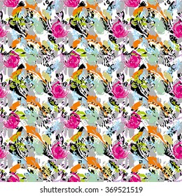 Seamless flower pattern with orange, pink, green, blue and grey elements on white background