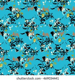 Seamless flower pattern with orange, yellow, black and white elements on blue background