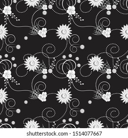 seamless flower pattern ornament, white chrysanthemums on a black background.. Can be used for fashion design print