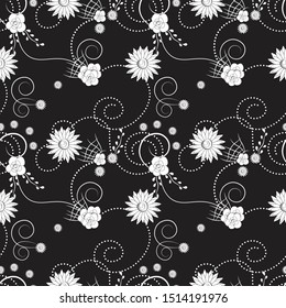 seamless flower pattern ornament, white chrysanthemums on a black background.. Can be used for fashion design print