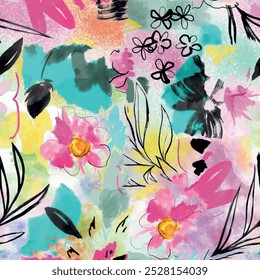 Patrón de flores sin fisuras con Elementos de fondo florales y de hojas de pincel de arte dibujado a mano de color rosa, azul, verde, amarillo y negro