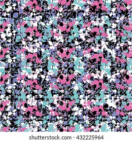 Seamless flower pattern with pink, blue, lilac and white elements on black background