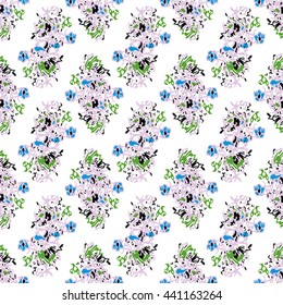 Seamless flower pattern with pink, green, blue and black elements