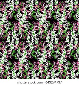 Seamless flower pattern with pink, green and white elements on black background