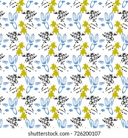 Seamless flower pattern with pink, green, blue, black and white elements on grey background 