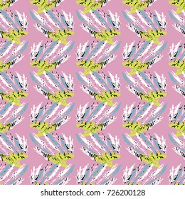 Seamless flower pattern with pink, green, blue, black and white elements on grey background 