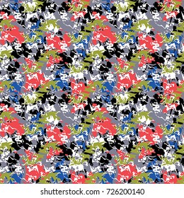 Seamless flower pattern with pink, green, blue, black and white elements on grey background 