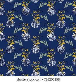 Seamless flower pattern with pink, green, blue, black and white elements on grey background 